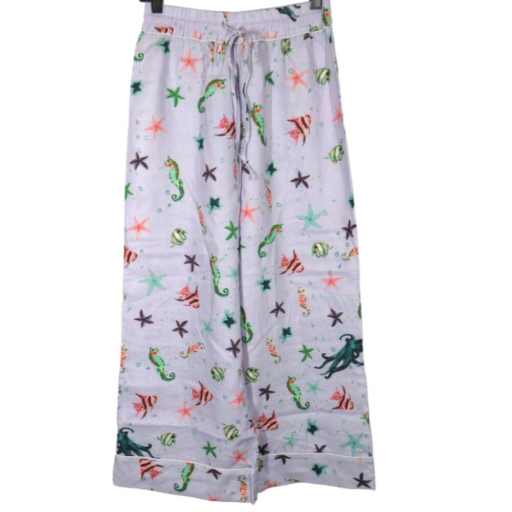 Hill House Wide Leg Cropped Nautical Sea Life Linen Skyler Pants Size Small